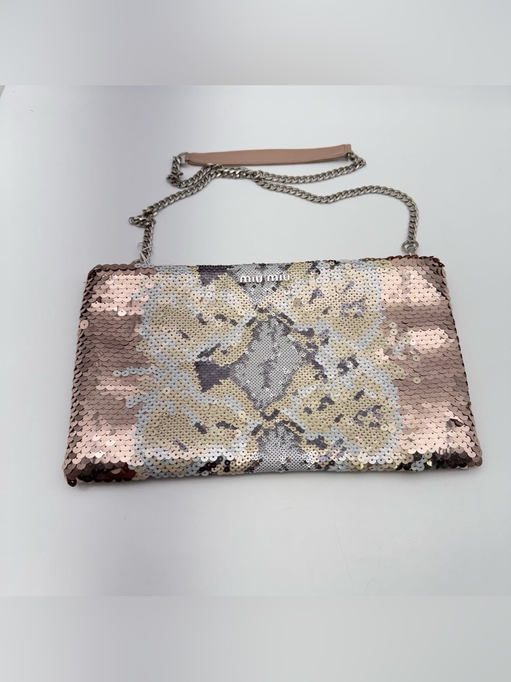 Miu Miu Rose Gold Sequin Floral Chain Clutch